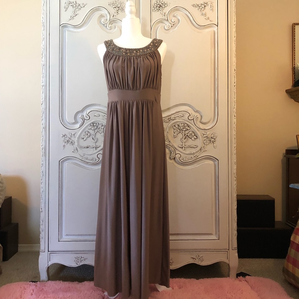 Taupe beaded evening gown